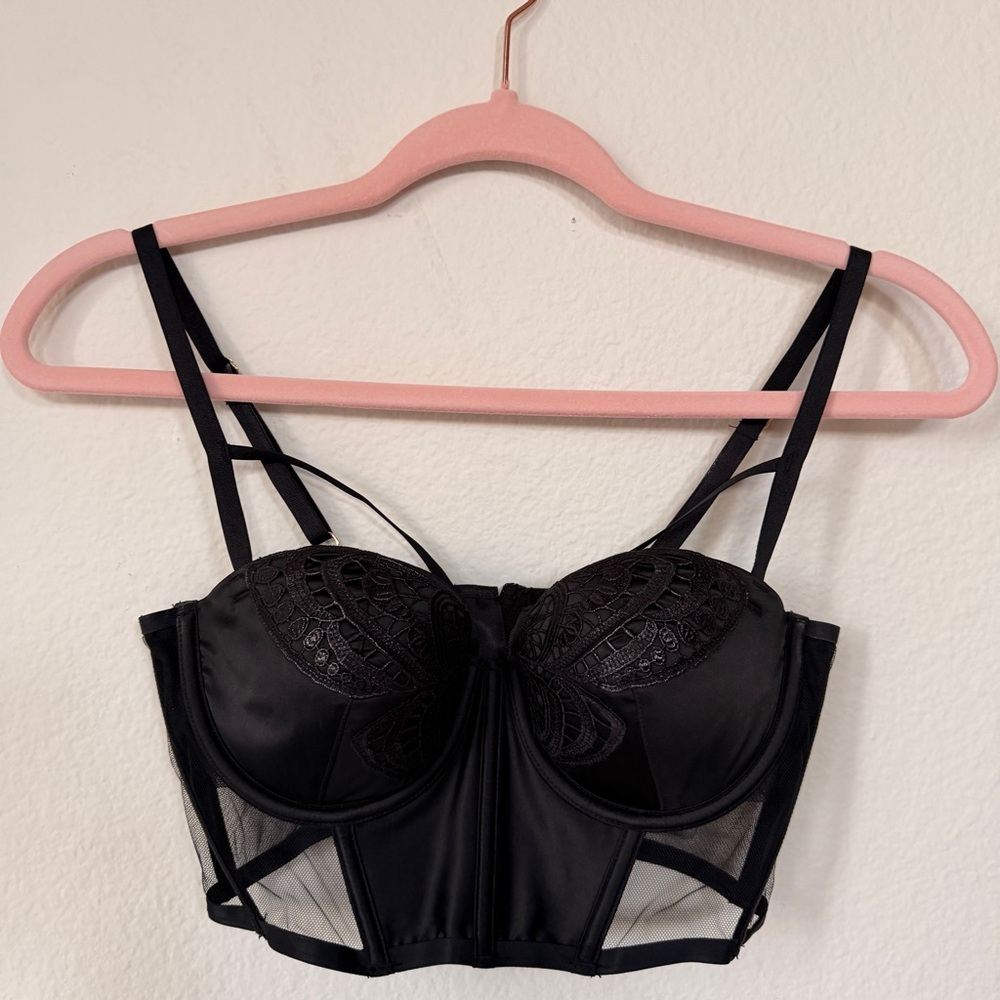 Black Satin Mesh Corset Bustier Top Lace‎ Cup Structured Lingerie Top Whimsigoth